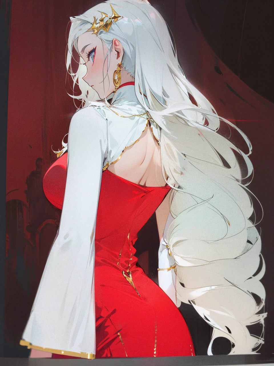 Add in roses to her dress, a good back dress design with some golden jewelry, make her dress into a red and white gown with a hat, give her some unique Jewelry, and make her look somewhat of a demonic angel like appearance to her