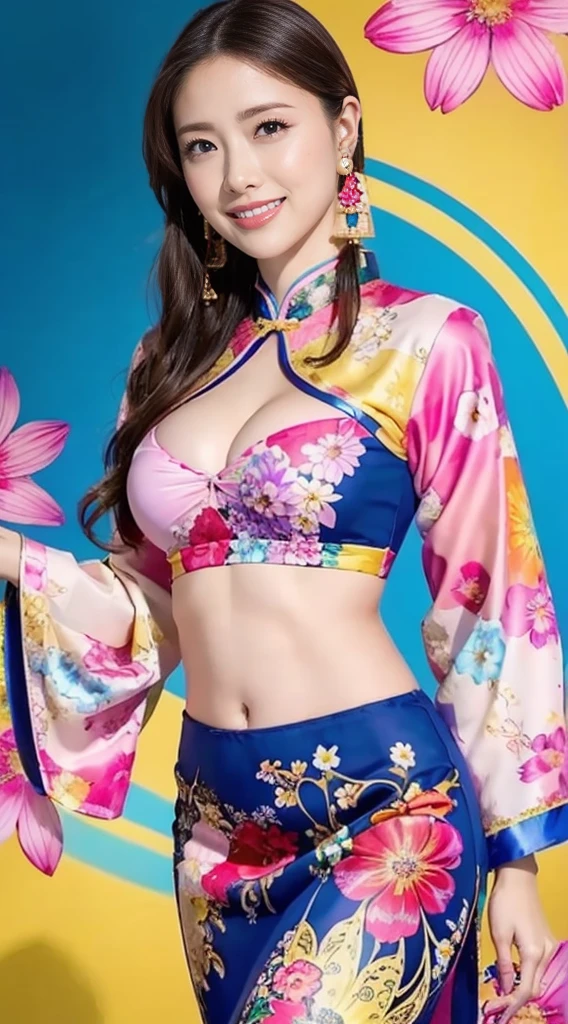 (masterpiece、highest quality、highest quality、official art、beautiful beautiful:1.2)、(1 girl:1.mile gently、very detailed、(fractal art:1.1)、(Colorful:1.1)(Floral:1.3)、most detailed、(zentangle:1.2)、beautiful face、detailed face、perfect proportions、burst chest、huge brean waist、belly button、big gap betweenotches、thick tight、(dynamic pose)、(abstract background:1.3)、(qipao dress:1.2)、(shiny skin)、(lf colors:1.4)、、(earrings:1.4)、1 woman