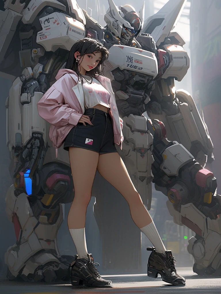 anime girl in short shorts and jacket standing next to giant robot, artwork in the style of guweiz, cyberpunk anime girl mech, trending on cgstation, guweiz, by Russell Dongjun Lu, digital cyberpunk anime art, ross tran 8 k, guweiz on artstation pixiv, girl in mecha cyber armor