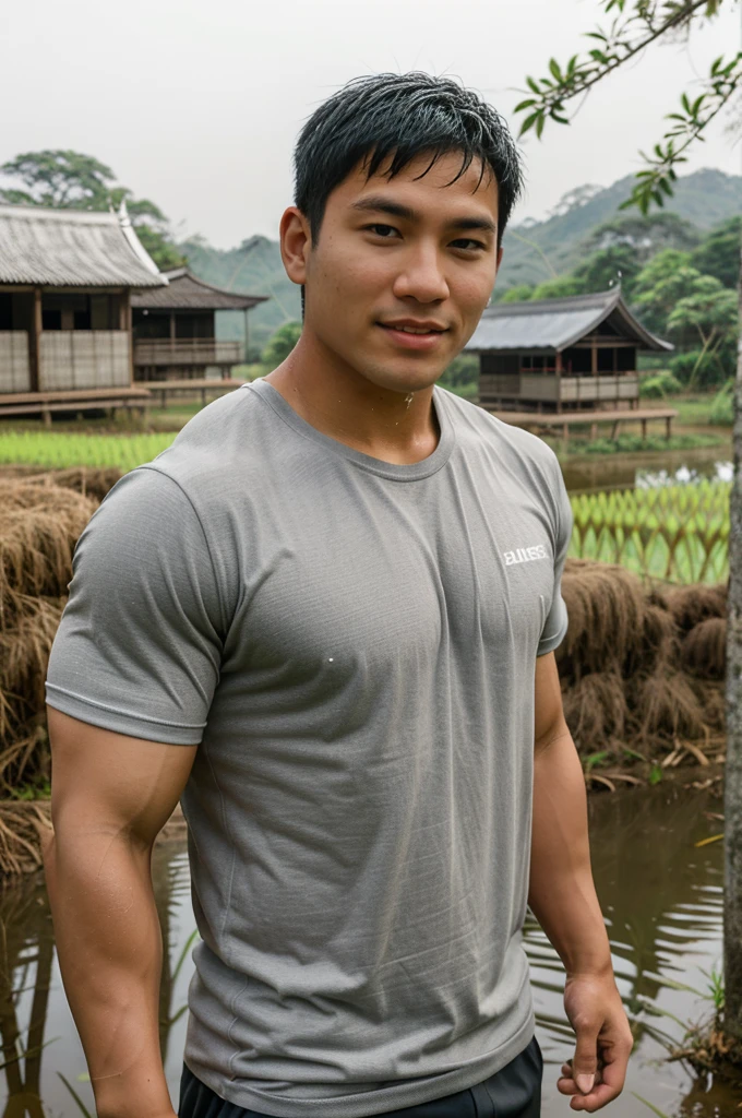 独奏 , 1 person , Portrait of a handsome Asian rugby player, short hair, no beard, muscular, big muscles, wearing a gray round neck t-shirt, wet, outdoors, rice field, countryside, hut, Thailand, Laos, Burma, Asia.