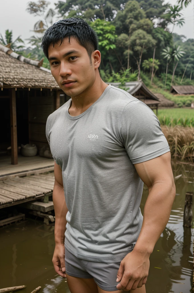 独奏 , 1 person , Portrait of a handsome Asian rugby player, short hair, no beard, muscular, big muscles, wearing a gray round neck t-shirt, wet, outdoors, rice field, countryside, hut, Thailand, Laos, Burma, Asia.