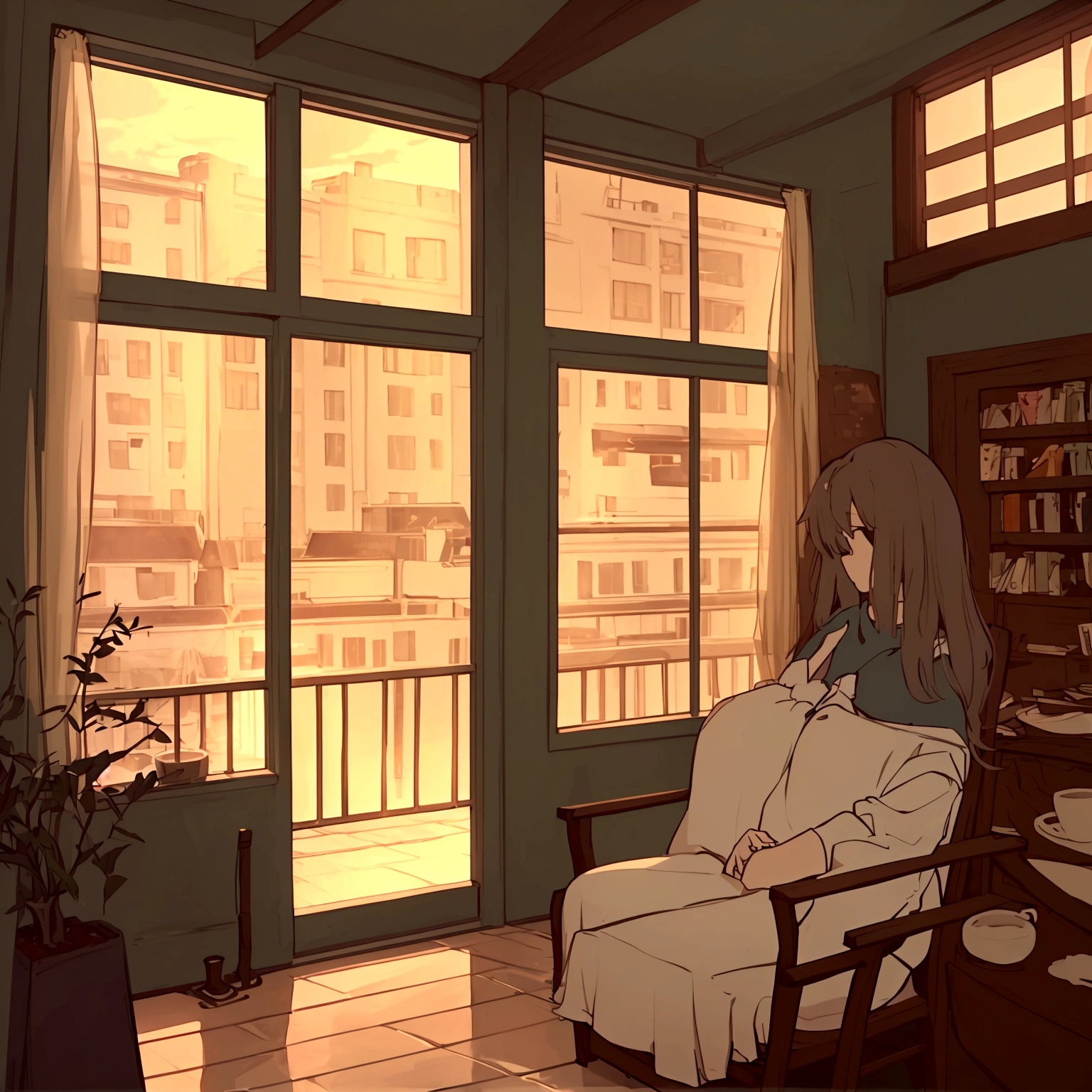 Generate an anime-style illustration in lofi aesthetic depicting an empty café with a serene and welcoming atmosphere. The café interior should be detailed, showcasing cozy seating arrangements, warm lighting, and shelves stocked with books or decorations. Ensure the setting feels inviting and tranquil, with subtle elements like steam rising from a cup of coffee, soft background music playing, and sunlight filtering through windows. The background should feature a high level of detail, including textured walls, polished floors, and perhaps a glimpse of outdoor scenery through the windows. Emphasize a color palette of muted tones and soft hues to enhance the calming ambiance. The final image should be in high resolution, free of distortions, with precise details and a professional finish.