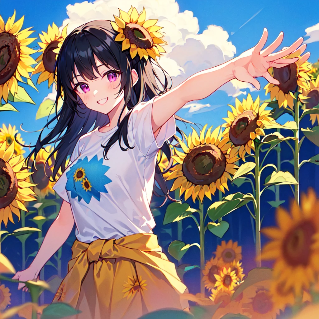 masterpiece, best quality, high quality, extremely detailed, very delicate and beautiful, (1 female 18 years old solo:1.2), (long black hair two-side up to waist:1.4), bangs to eyebrows, eyes Eyebrows glossy, (eye color magenta:1.3), 6.5 head height, ( T-shirt sunflower print fashion:1.3), knee socks, (smiling), (hands outstretched), (standing), (dynamic pose), (background sunflower field:1.3), (blue sky:1.3), (upper body:1.3)