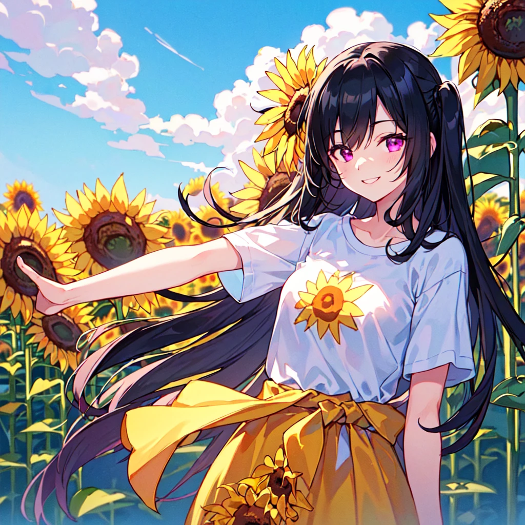 masterpiece, best quality, high quality, extremely detailed, very delicate and beautiful, (1 female 18 years old solo:1.2), (long black hair two-side up to waist:1.4), bangs to eyebrows, eyes Eyebrows glossy, (eye color magenta:1.3), 6.5 head height, ( T-shirt sunflower print fashion:1.3), knee socks, (smiling), (hands outstretched), (standing), (dynamic pose), (background sunflower field:1.3), (blue sky:1.3), (upper body:1.3)
