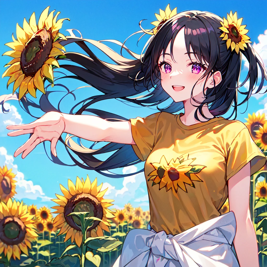 masterpiece, best quality, high quality, extremely detailed, very delicate and beautiful, (1 female 18 years old solo:1.2), (long black hair two-side up to waist:1.4), bangs to eyebrows, eyes Eyebrows glossy, (eye color magenta:1.3), 6.5 head height, ( T-shirt sunflower print fashion:1.3), knee socks, (smiling), (hands outstretched), (standing), (dynamic pose), (background sunflower field:1.3), (blue sky:1.3), (upper body:1.3)