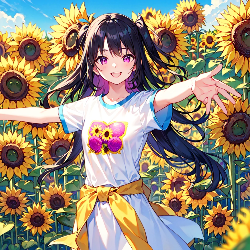 masterpiece, best quality, high quality, extremely detailed, very delicate and beautiful, (1 female 18 years old solo:1.2), (long black hair two-side up to waist:1.4), bangs to eyebrows, eyes Eyebrows glossy, (eye color magenta:1.3), 6.5 head height, ( T-shirt sunflower print fashion:1.3), knee socks, (smiling), (hands outstretched), (standing), (dynamic pose), (background sunflower field:1.3), (blue sky:1.3), (upper body:1.3)