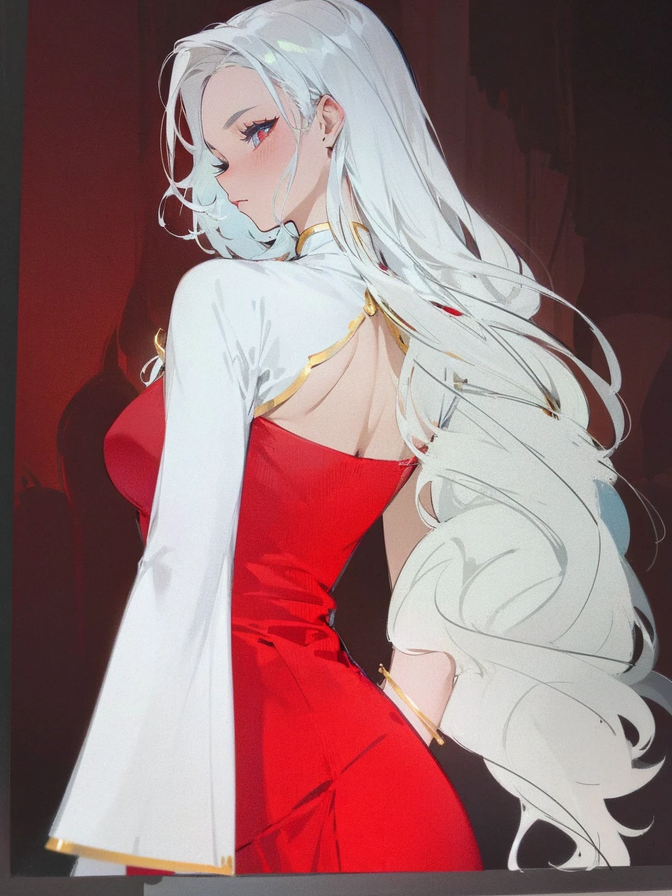 Add in roses to her dress, a good back dress design with some golden jewelry, make her dress into a red and white gown with a hat, give her some unique Jewelry, and make her look somewhat of a demonic angel like appearance to her