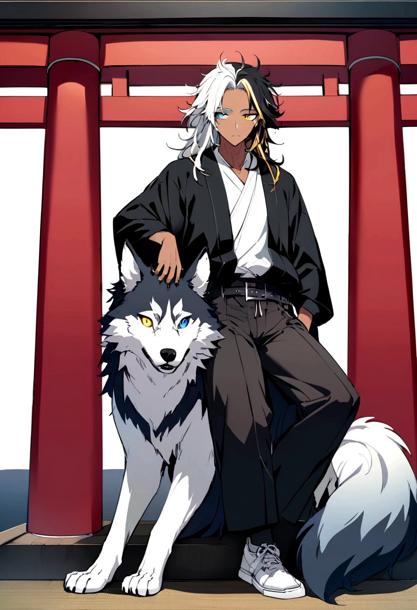 white  shirt, wearing a black sweatshirt with silver details , white tennis shoes with black details, black jeans, yellow and black eyes heterochromia, expression of calm, Messy hair , Medium length hair , 1 men , multicolored black and white hair ( focus on hair containing both colors) , two tone hair , dark skin color, in a western setting , with a torii (traditional japanese gate.) in front of you, on his side he has a wolf , with messy white fur, blue colored eyes
