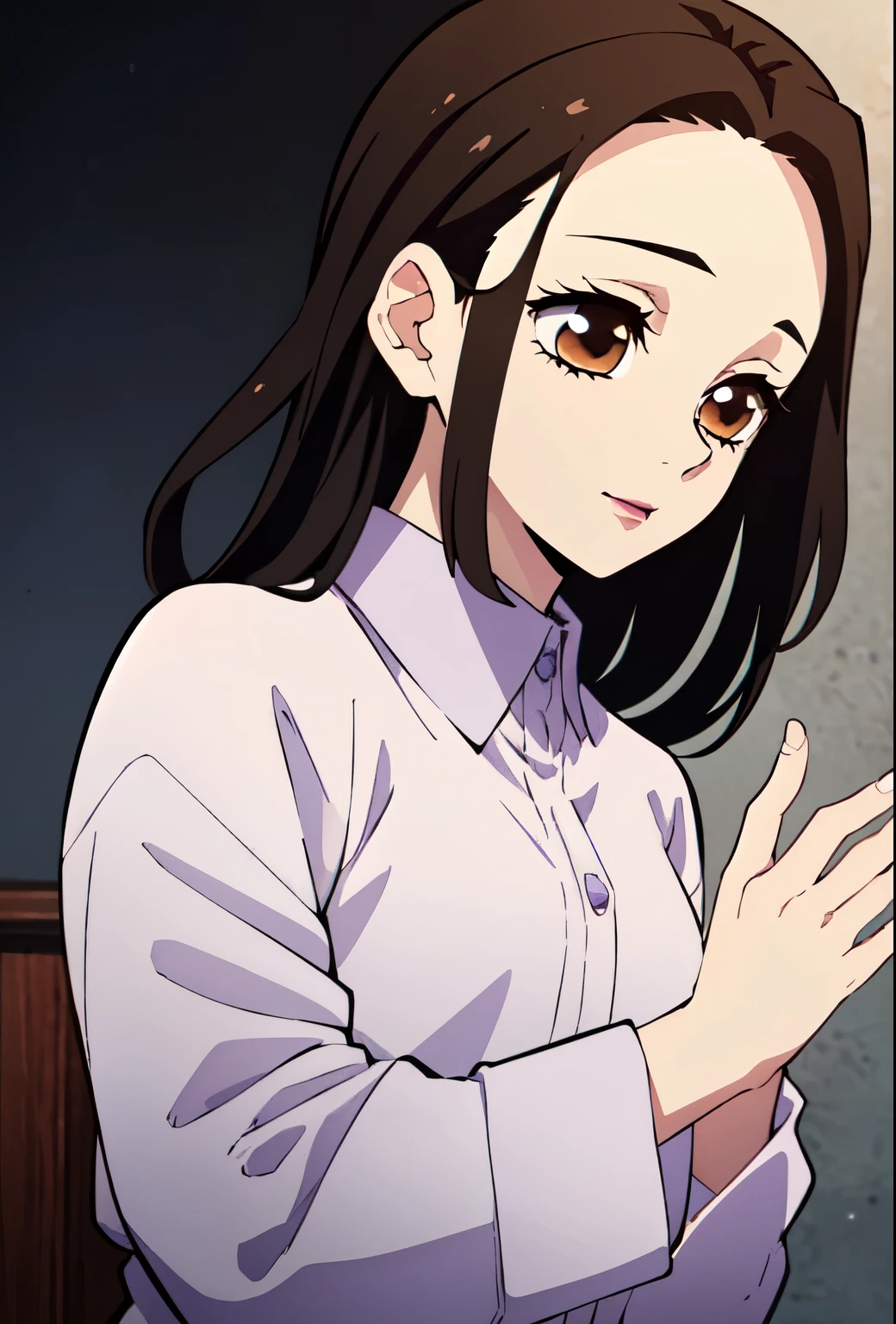 Girl, long brown hair, brown eyes, sharp features, white skin, pink lip, perfect, purple shirt with sleeves
