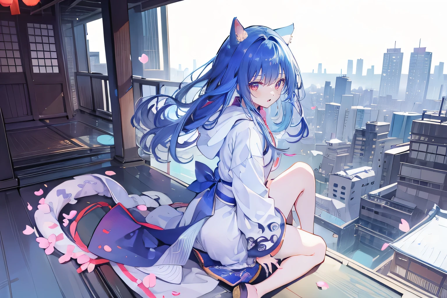 (masterpiece:1.2),Super detailed,lifelike,Expressive eyes,fair skin,perfect face shape,1 girl,
Japanese comics,Gorgeous blue hair,flowing blue hair,flowing clothes,Cat ears,Petals fall,beautiful lola,Baby Angel,
Shaking head with one hand,Cross your legs,Gentle and peaceful background,The pavilion is cool and comfortable,smile, wearing hoodie, background of tokyo,back views,snowing.