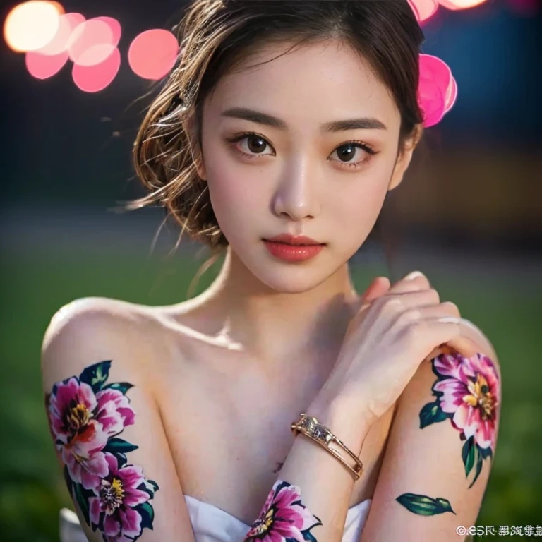 a close up of a woman with a flower tattoo on her arm, of taiwanese girl with tattoos, Araffe woman, beautiful,ponytail, ผู้หญิงlong hairชาวเอเชียตะวันออกเฉียงใต้ที่มีใบหน้ากลม,  Chest circumference measures 38 inches., Warm light, morning sun,  long hair,black eyes,abdominal muscles, The body is beautiful and strong., The chest is rounded and rounded., (digital painting, HDR, high contrast), 3-D, 8K, 45,000,000 pixcls,Asian girl, Gorgeous Chinese model, Japanese model, beautiful asian woman, Japanese goddess, Very beautiful girl., beautiful young woman, very beautiful woman, Attractive and beautiful, sexy girl, Asian girl, beautiful female model, jaw-dropping beauty, Attractive face and body, golden eyes details, long hair, stand, close to the viewer,  Chinese style, Chinese girl, Gorgeous Chinese model, with facial tattoo, Inspired by Xie Huan, oriental tattoos, floral tattoos, Hungry Ghost Festival, Season Wu, Asian girlที่สวยงาม, tattoo, By Yang J, temporary tattoo, Inspiration from Wen Jia