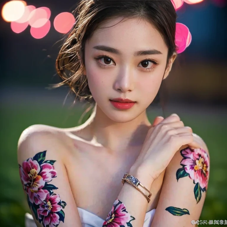 a close up of a woman with a flower tattoo on her arm, of taiwanese girl with tattoos, Araffe woman, beautiful,ponytail, ผู้หญิงlong hairชาวเอเชียตะวันออกเฉียงใต้ที่มีใบหน้ากลม, Chest circumference measures 38 inches., Warm light, morning sun, long hair,black eyes,abdominal muscles, The body is beautiful and strong., The chest is rounded and rounded., (digital painting, HDR, high contrast), 3-D, 8K, 45,000,000 pixcls,Asian girl, Gorgeous Chinese model, Japanese model, beautiful asian woman, Japanese goddess, Very beautiful girl., beautiful young woman, very beautiful woman, Attractive and beautiful, sexy girl, Asian girl, beautiful female model, jaw-dropping beauty, Attractive face and body, golden eyes details, long hair, stand, close to the viewer, Chinese style, Chinese girl, Gorgeous Chinese model, with facial tattoo, Inspired by Xie Huan, oriental tattoos, floral tattoos, Hungry Ghost Festival, Season Wu, Asian girlที่สวยงาม, tattoo, By Yang J, temporary tattoo, Inspiration from Wen Jia