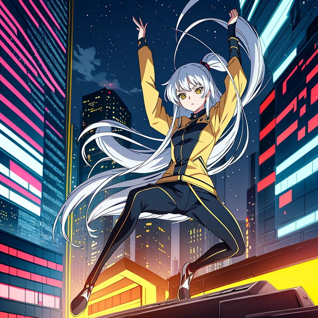 Create an anime-style girl with a unique appearance. She should have long, flowing silver hair and large, expressive yellow eyes. Her outfit should be stylish and modern, reflecting her adventurous personality. Place her in a dynamic pose that conveys confidence and energy, against a backdrop of city streets bustling with activity.