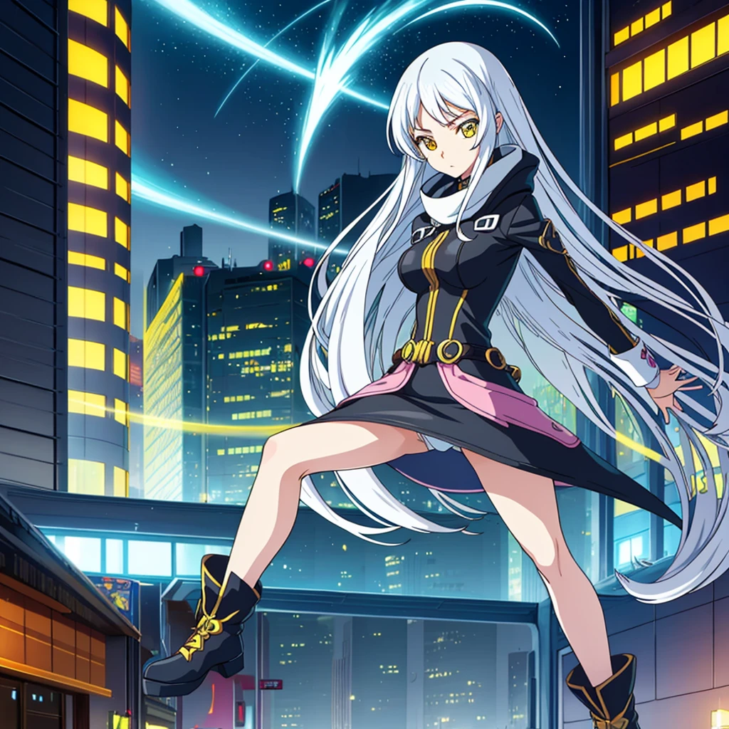 Create an anime-style girl with a unique appearance. She should have long, flowing silver hair and large, expressive yellow eyes. Her outfit should be stylish and modern, reflecting her adventurous personality. Place her in a dynamic pose that conveys confidence and energy, against a backdrop of city streets bustling with activity.