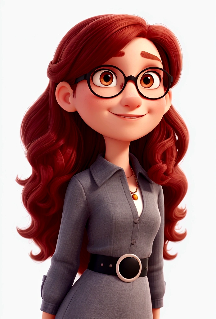 "Create a Pixar-style avatar from a high. She has marsala hair, smooth and long, that falls elegantly to the waist. She wears black, round-framed glasses.. Facial expression should be confident and friendly, com olhos grandes e brilhantes, typical of Pixar characters. She is dressed in a stylish and modern blouse, reflecting a contemporary and authentic style.