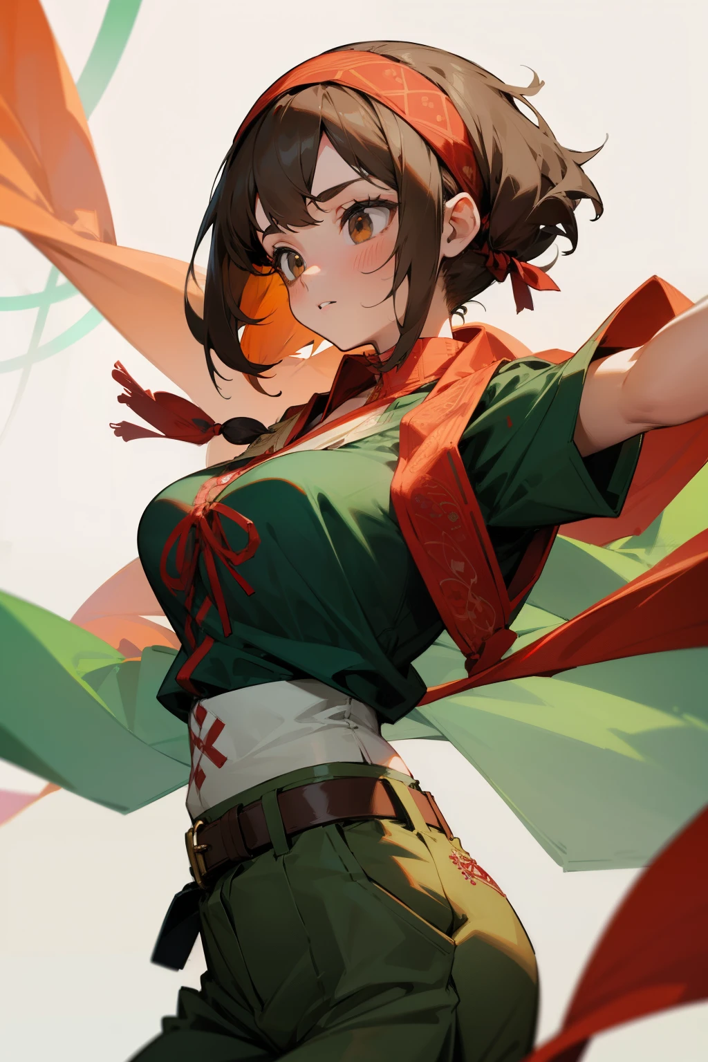 Cute girl, Shawl and headband, Brown eyes, Red short-sleeved shirt, Short green pants, big breasts, Decorations and embroidery on clothes, black belt.