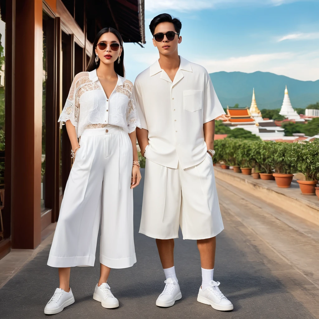 candid fashion illustration of young mixed Asian man and woman, both aged 20 year old, ((showcase fashion look book in a White rayon outfits)), inspired by Zara's resort collection 2020 in elegant young bohemian style. The man wears an oversized short-sleeved bowling white shirt with a pocket details, paired with relaxed-fit white Sports Wide Leg Shorts Baggy short and Drawstring, He completes his look with white sneakers, sunglasses and bracelet. The woman complements him in a white Ankle-length dress in a rayon with delicate lace insets, V-shaped neckline, covered buttons down the front and an open section, spaghetti shoulder straps, Gathered tiers down the skirt and a scalloped hem, Her ensemble includes an accessorizes with a wide-brimmed straw hat, white sneakers and necklace. Captured in a low angle, ((full-body image)), The photograph is taken with a Canon EOS R camera using an 85mm f/1.8 lens at an f/2.2 aperture, utilizing natural light. Employing three-point lighting and incorporating 3D animation shadows enhances his features and adds depth to the composition. The careful layering and arrangement of his body parts and surrounding objects ensure a flawless composition. This masterpiece celebrates the beauty of the male form and invites viewers to immerse themselves in a world of sophistication and charm. The seductive lighting and intricate details, combined with a dramatic composition, invite viewers to revel in the essence of a fun-filled day, brimming with joy and relaxation. Attention is meticulously paid to the layers and arrangement of his body parts and surrounding objects, ensuring correct body structure and photo distance. The romantic atmosphere, paired with a lively and extremely gorgeous Chiangmai city background, enhances the overall allure of this exquisite image.