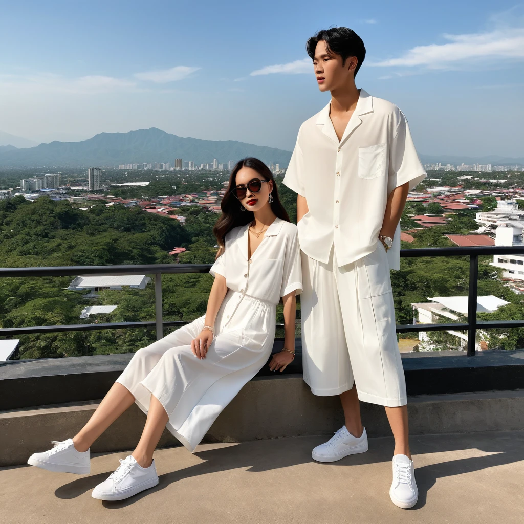 candid fashion illustration of young mixed Asian man and woman, both aged 20 year old, ((showcase fashion look book in a White rayon outfits)), inspired by Zara's resort collection 2020 in elegant young bohemian style. The man wears an oversized short-sleeved bowling white shirt with a pocket details, paired with relaxed-fit white Sports Wide Leg Shorts Baggy short and Drawstring, He completes his look with white sneakers, sunglasses and bracelet. The woman complements him in a white Ankle-length dress in a rayon with delicate lace insets, V-shaped neckline, covered buttons down the front and an open section, spaghetti shoulder straps, Gathered tiers down the skirt and a scalloped hem, Her ensemble includes an accessorizes with a wide-brimmed straw hat, white sneakers and necklace. Captured in a low angle, ((full-body image)), The photograph is taken with a Canon EOS R camera using an 85mm f/1.8 lens at an f/2.2 aperture, utilizing natural light. Employing three-point lighting and incorporating 3D animation shadows enhances his features and adds depth to the composition. The careful layering and arrangement of his body parts and surrounding objects ensure a flawless composition. This masterpiece celebrates the beauty of the male form and invites viewers to immerse themselves in a world of sophistication and charm. The seductive lighting and intricate details, combined with a dramatic composition, invite viewers to revel in the essence of a fun-filled day, brimming with joy and relaxation. Attention is meticulously paid to the layers and arrangement of his body parts and surrounding objects, ensuring correct body structure and photo distance. The romantic atmosphere, paired with a lively and extremely gorgeous Chiangmai city background, enhances the overall allure of this exquisite image.