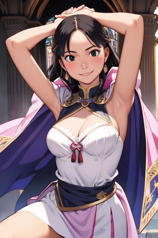 masterpiece, Highest quality, Adult women,Show your armpits,Black eyes,European facial structure,,Very detailed,Rin々Nice face,smile,White, pink, and purple adventurer uniform,Medieval Europe,Show your armpits,Black eyes,The dignity of a hero,tattoo,Cape,Legs visible through the skirt,Natural Beauty,Cinematic,Medium cleavage,An expression of joy