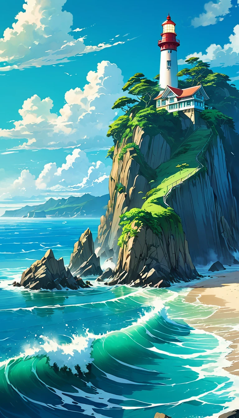 The ocean is right in front of you、Tropics、Ocean、ocean shore、cliff、Bungalow、Resort、turquoise blue、Emerald green、sunshine、water surface、rock、cloud、blue sky、buzzer、Paradise、beautiful、vivid、nature、trip、vacations、beautiful Anime Scenery, Landscape painting, Lighthouse, Beautiful digital painting, andreas rocha, Beautiful artwork illustration, Awesome Wallpapers, Raymond Han, tall beautiful painting, Studio Greebly New Ocean Makoto, Beautiful Wallpaper, Anime Scenery