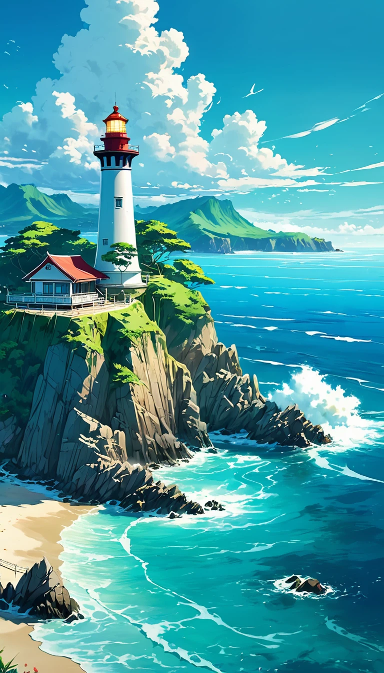 The ocean is right in front of you、Tropics、Ocean、ocean shore、cliff、Bungalow、Resort、turquoise blue、Emerald green、sunshine、water surface、rock、cloud、blue sky、buzzer、Paradise、beautiful、vivid、nature、trip、vacations、beautiful Anime Scenery, Landscape painting, Lighthouse, Beautiful digital painting, andreas rocha, Beautiful artwork illustration, Awesome Wallpapers, Raymond Han, tall beautiful painting, Studio Greebly New Ocean Makoto, Beautiful Wallpaper, Anime Scenery