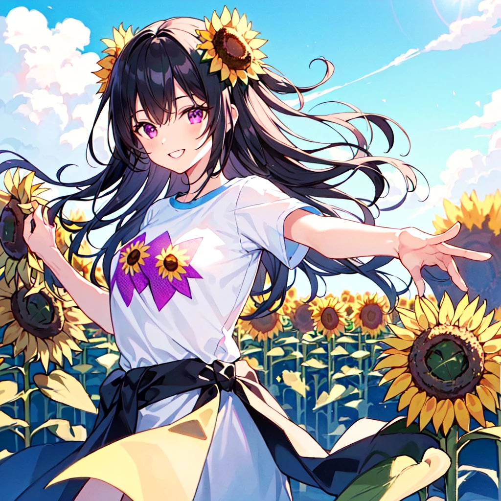 masterpiece, best quality, high quality, extremely detailed, very delicate and beautiful, (1 female 18 years old solo:1.2), (long black hair two-side up to waist:1.4), bangs to eyebrows, eyes Eyebrows glossy, (eye color magenta:1.3), 6.5 head height, ( T-shirt sunflower print fashion:1.3), knee socks, (smiling), (hands outstretched), (standing), (dynamic pose), (background sunflower field:1.3), (blue sky:1.3), (upper body:1.3)