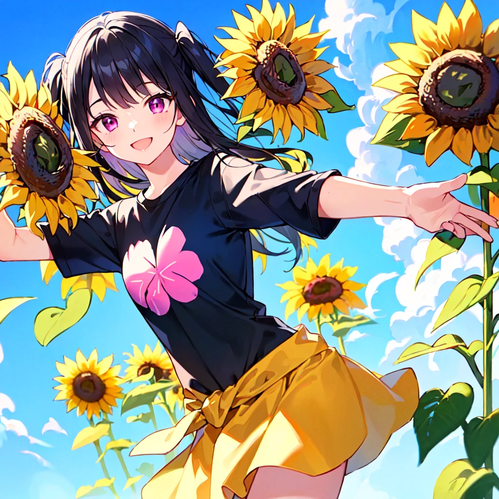 masterpiece, best quality, high quality, extremely detailed, very delicate and beautiful, (1 female 18 years old solo:1.2), (long black hair two-side up to waist:1.4), bangs to eyebrows, eyes Eyebrows glossy, (eye color magenta:1.3), 6.5 head height, ( T-shirt sunflower print fashion:1.3), knee socks, (smiling), (hands outstretched), (standing), (dynamic pose), (background sunflower field:1.3), (blue sky:1.3), (upper body:1.3)