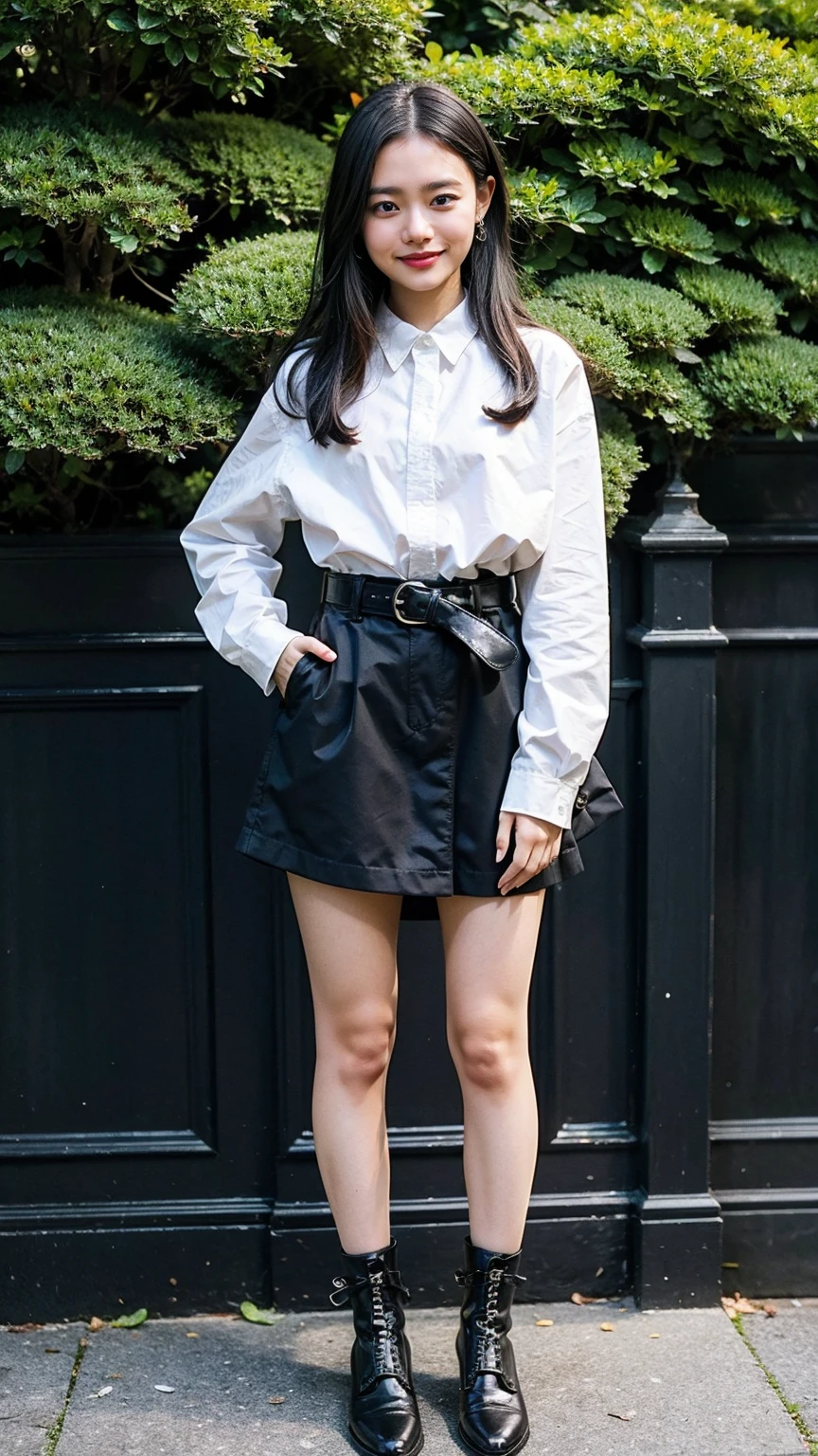 (8K、RAW Photos、Highest quality、masterpiece:1.2)、(Realistic、Realistic)、1 Girl、((mini skirt、black、Thin legs、whole body、boots、blackいコート、one piece、garden、smile、View from the front、Ribbon on chest、Looking into the camera、belt、Stand with hands on hips))、