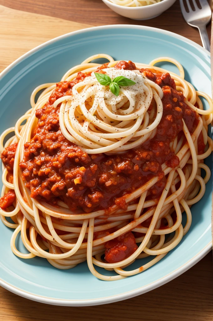 Dish of spaghetti with bolognese sauce