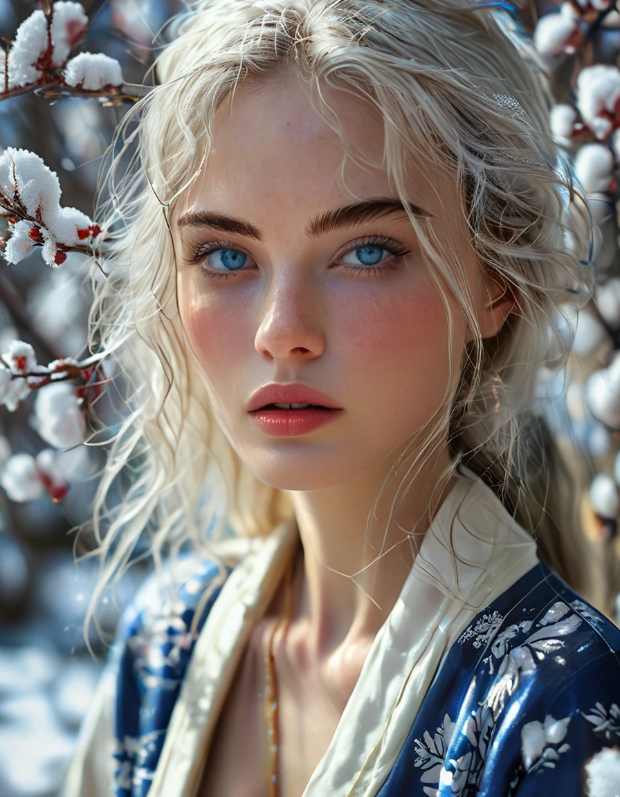 Bombshell beauty, close up of face, young woman, 22 year old woman, young, woman who looks like a model from Paris Fashion Week, silvery long hair, silvery eyebrows, blue eyes, beautiful detailed eyes, white skin, ridiculously long hair, perfect face, high resolution, sharp focus, ultra detailed, highly detailed, photorealistic artwork, highly detailed CG unity, 8k, wallpaper, vibrant colors, vibrant theme, exquisite, masterpiece, best quality, artistic photography, photo by sldr, exquisite background) perfectly rendered face, perfect facial details, realistic face, photorealistic, exquisite details, realism, snowstorm, wide field of view, background is snowy mountains, white kimono