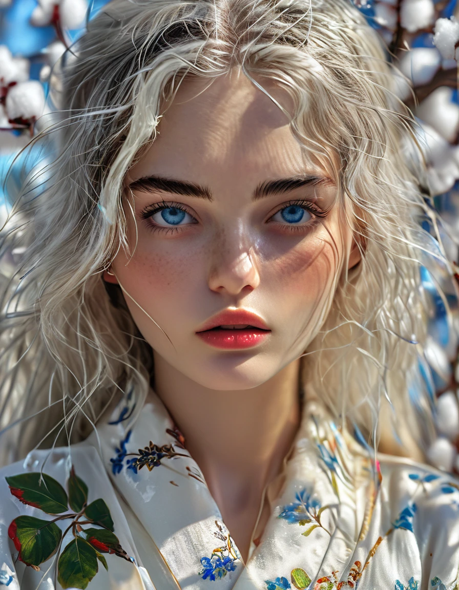 Bombshell beauty, close up of face, young woman, 22 year old woman, young, woman who looks like a model from Paris Fashion Week, silvery long hair, silvery eyebrows, blue eyes, beautiful detailed eyes, white skin, ridiculously long hair, perfect face, high resolution, sharp focus, ultra detailed, highly detailed, photorealistic artwork, highly detailed CG unity, 8k, wallpaper, vibrant colors, vibrant theme, exquisite, masterpiece, best quality, artistic photography, photo by sldr, exquisite background) perfectly rendered face, perfect facial details, realistic face, photorealistic, exquisite details, realism, snowstorm, wide field of view, background is snowy mountains, white kimono