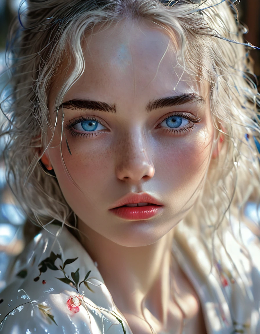 Bombshell beauty, close up of face, young woman, 22 year old woman, young, woman who looks like a model from Paris Fashion Week, silvery long hair, silvery eyebrows, blue eyes, beautiful detailed eyes, white skin, ridiculously long hair, perfect face, high resolution, sharp focus, ultra detailed, highly detailed, photorealistic artwork, highly detailed CG unity, 8k, wallpaper, vibrant colors, vibrant theme, exquisite, masterpiece, best quality, artistic photography, photo by sldr, exquisite background) perfectly rendered face, perfect facial details, realistic face, photorealistic, exquisite details, realism, snowstorm, wide field of view, background is snowy mountains, white kimono