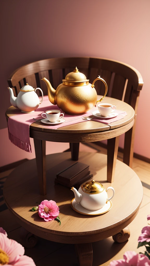 Covered table with a pink background with coffee cup and teapot with gold detail with a vase of flowers next to it 