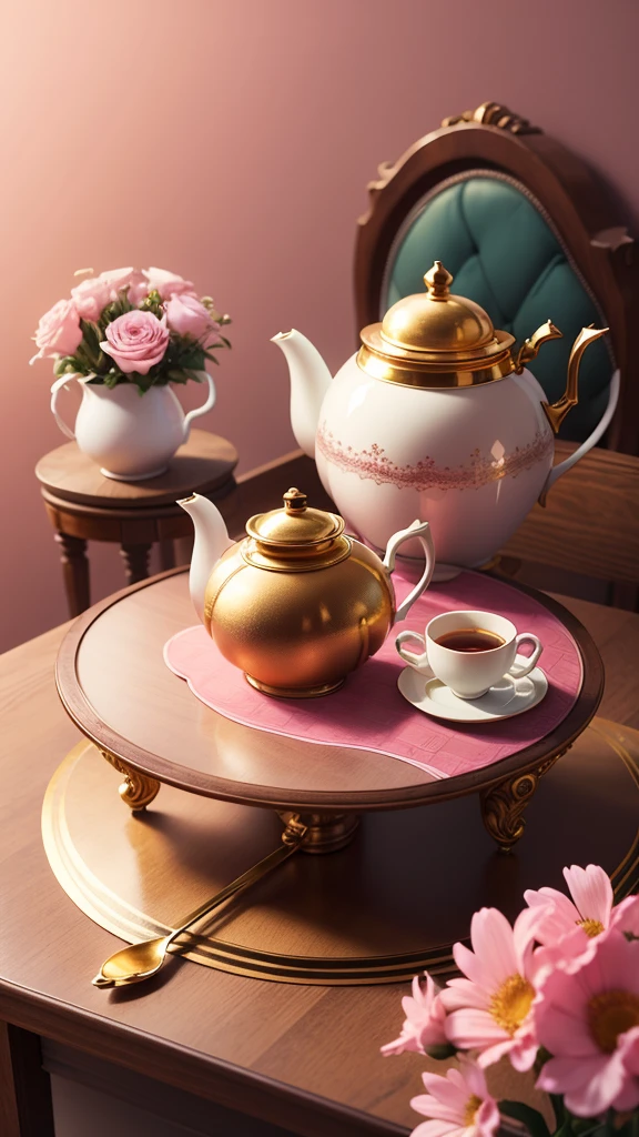Covered table with a pink background with coffee cup and teapot with gold detail with a vase of flowers next to it