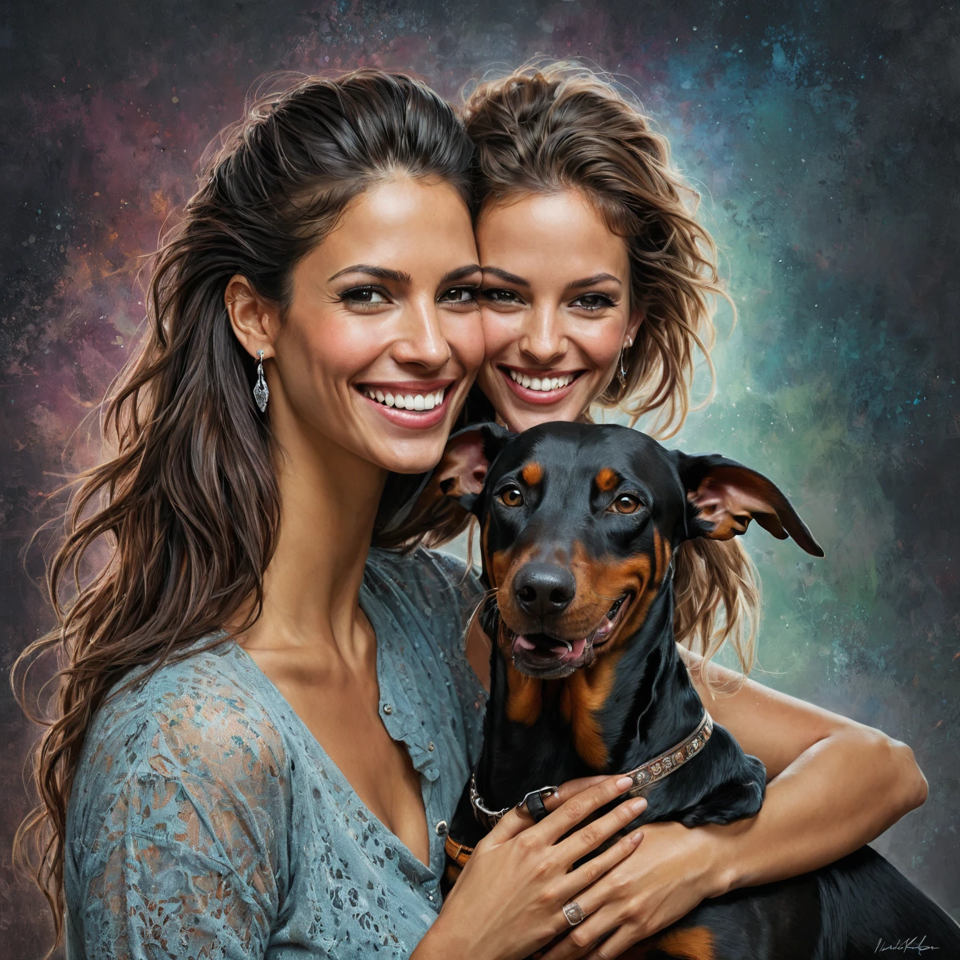 half body, best quality, high resolution,
a woman smile with her best friend her doberman,
dark complex background, style by Thomas Kinkade+David A. Hardy+Carne Griffiths+Mandy Disher half vivid colors fine art, best quality, high detailed, detailed faces, 2d,