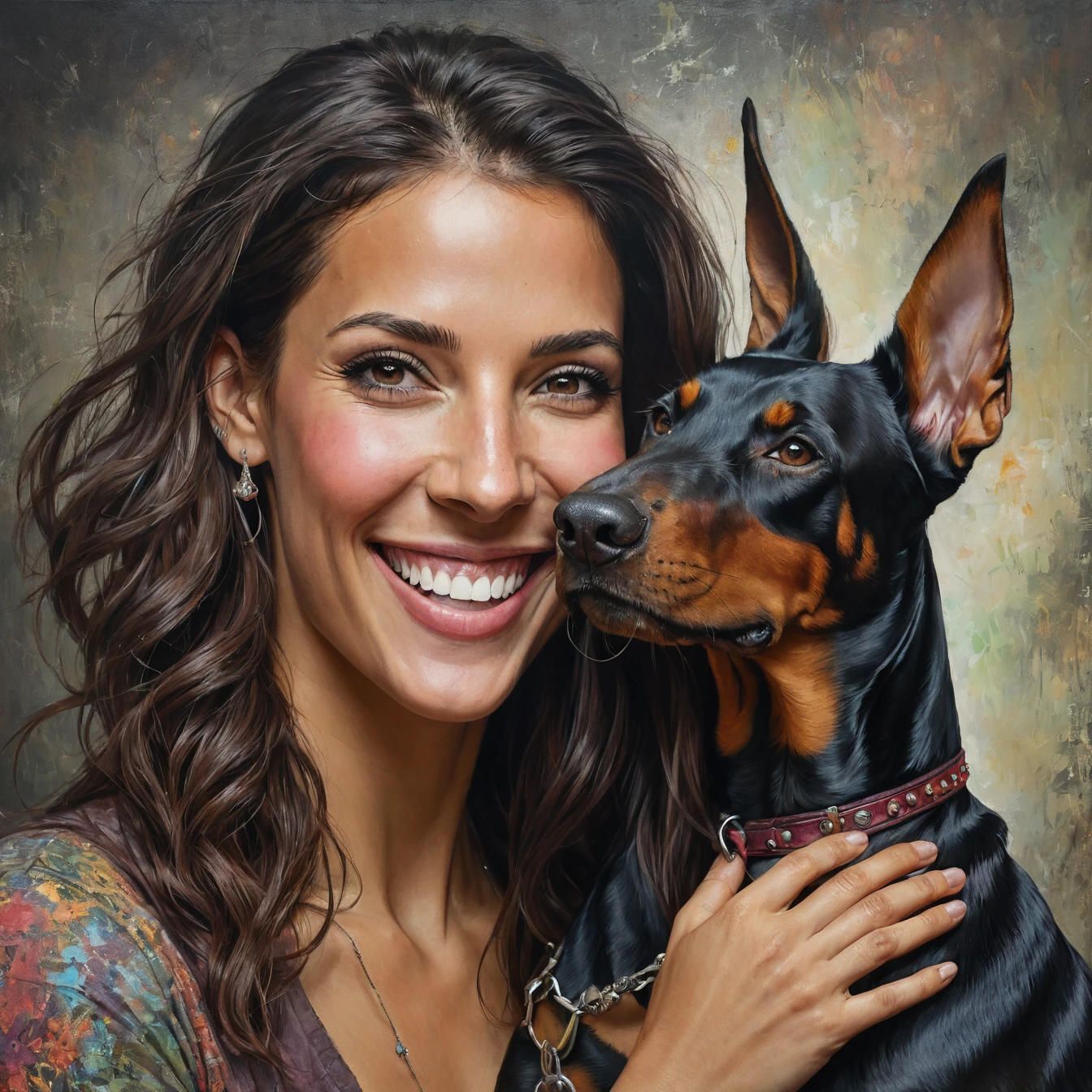 half body, best quality, high resolution,
a woman smile with her best friend her doberman,
dark complex background, style by Thomas Kinkade+David A. Hardy+Carne Griffiths+Mandy Disher half vivid colors fine art, best quality, high detailed, detailed faces, 2d,