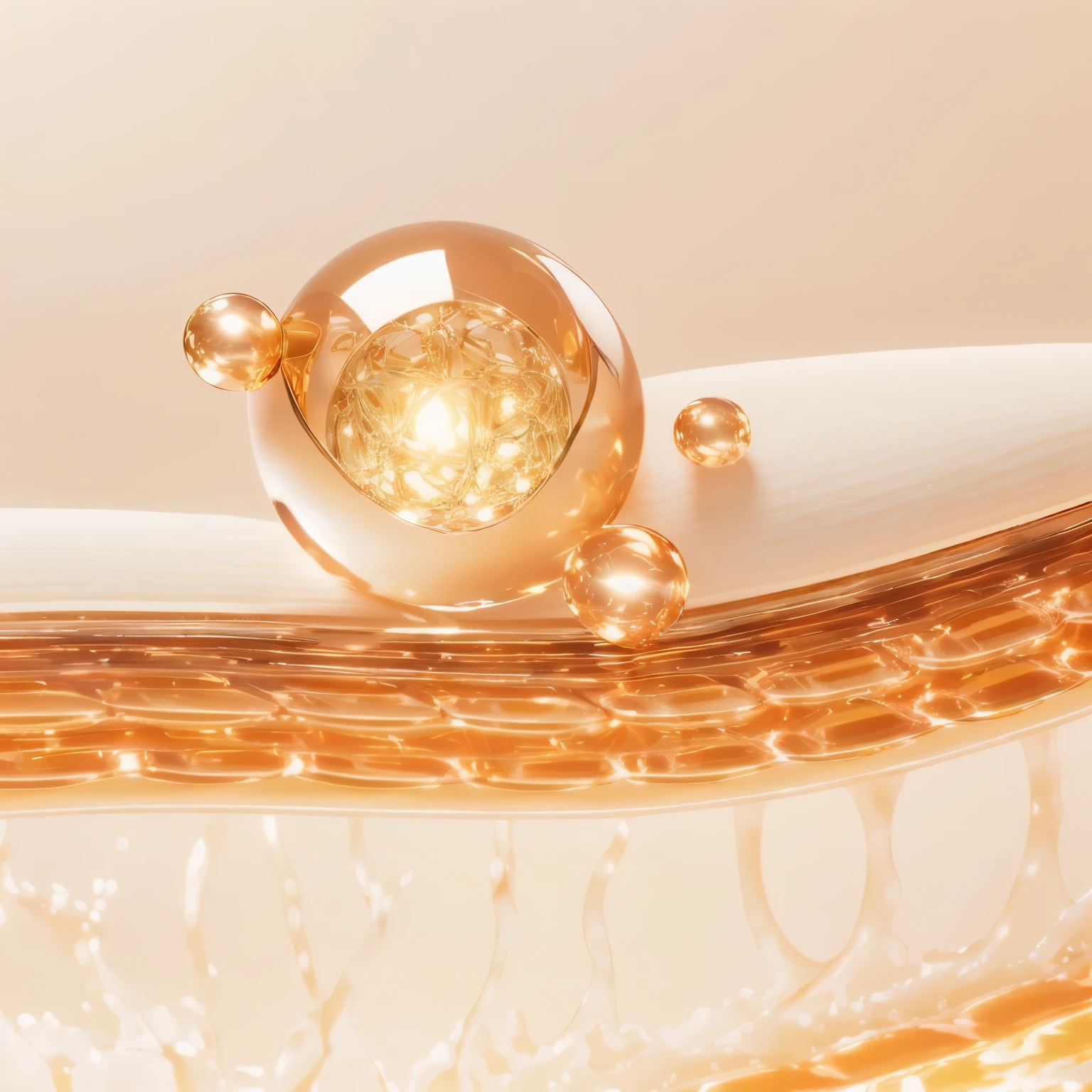 This is a close-up of the skin.,Synthetic biological skin, Bright microscopic perspective realism, Soft golden light, 3D Rendering,oc,There is liquid in the ball,Strip cells,4K,High-definition quality