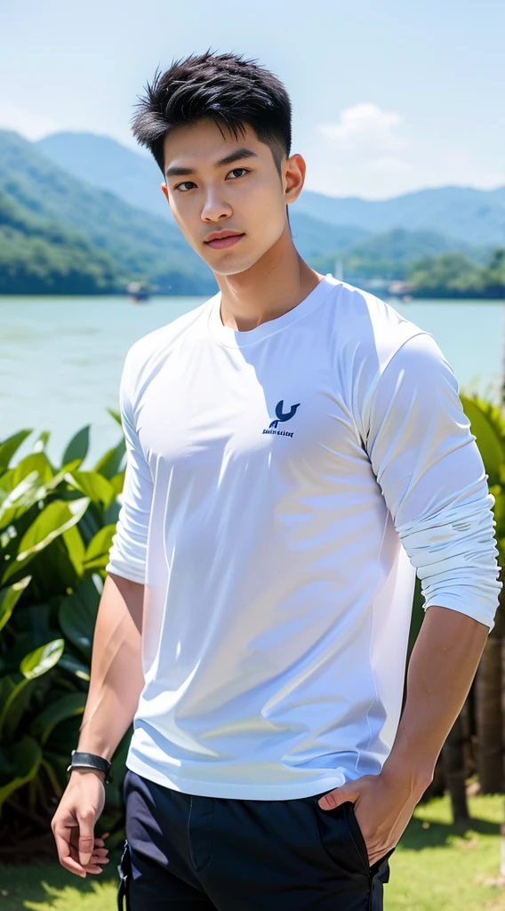 ((Highest quality, 8K, Masterpiece:1.3)),Thailand Laos Burma Asia,Thai man buzz haircut,A handsome Asian sport short hair,a muscular beard,and big muscles.,1A man who has,yo,Good appearance,Beautiful nose,Detailed eyes and face,beautiful light,(studio),high resolution,(Look at the viewer.),Fine mouth,whole body:1.5,perfect shape:1.3,Picture of both shoulders:1.3,(t-shirt:1.2),black cargo pants,wristband,landscape,(The background is Bokeh:1.2),on the sea,(open_jacket:1.3),