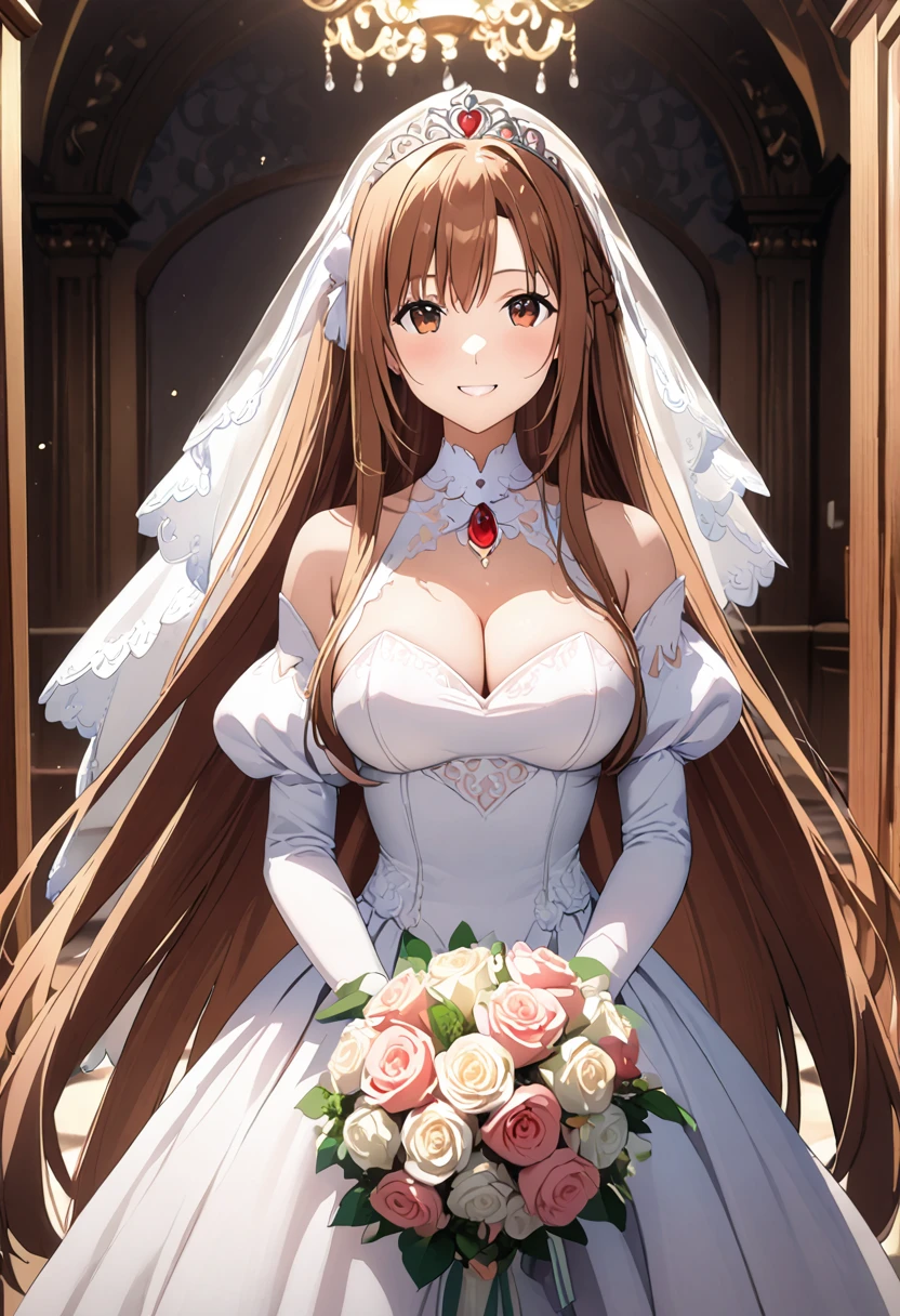 Highest quality、Super detailed、High resolution illustrations、Ultra-high-definition CG、８k size wallpaper、Production Art、Light novel illustrations、（１People Girls)、asuna yuuki, long hair, bangs, brown hair, brown eyes, very long hair, braid、dress, bare shoulders, detached sleeves, white dress, A smile full of happiness、Puff sleeves、Wedding Veil、tiara、Cleavage cutouts、Red brooch、Wedding dress、White Dress、White Gloves、Long skirt、White stiletto heels、Holding a bouquet in both hands、hyperrealistic、spoken heart