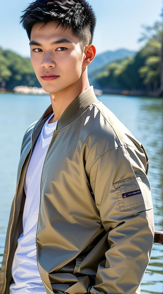 ((Highest quality, 8K, Masterpiece:1.3)),Thailand Laos Burma Asia,Thai man buzz haircut,A handsome Asian sport  short hair,a muscular beard,and big muscles.,１A man who has,yo,Good appearance,Beautiful nose,Detailed eyes and face,beautiful light,(studio),high resolution,(Look at the viewer.),Fine mouth,whole body:1.5,perfect shape:1.3,Picture of both shoulders:1.3,(t-shirt:1.2),black cargo pants,wristband,landscape,(The background is  Bokeh:1.2),on the sea,(open_jacket:1.3),