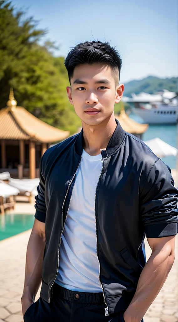 ((Highest quality, 8K, Masterpiece:1.3)),Thailand Laos Burma Asia,Thai man buzz haircut,A handsome Asian sport  short hair,a muscular beard,and big muscles.,１A man who has,yo,Good appearance,Beautiful nose,Detailed eyes and face,beautiful light,(studio),high resolution,(Look at the viewer.),Fine mouth,whole body:1.5,perfect shape:1.3,Picture of both shoulders:1.3,(t-shirt:1.2),black cargo pants,wristband,landscape,(The background is  Bokeh:1.2),on the sea,(open_jacket:1.3),