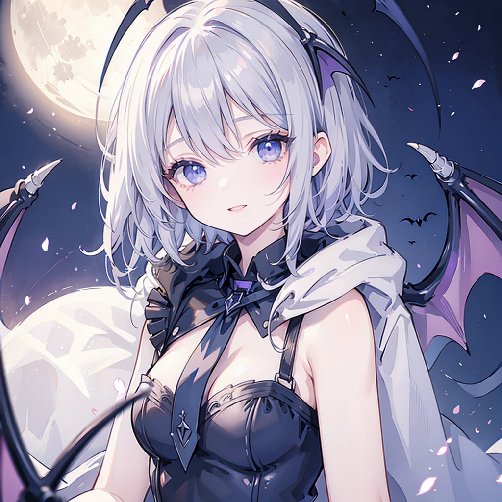 ((((vampire Inflammation)))) (((Gray Hair short hair blue eyes woman Center close-up))),((night full moon My own big wings)),(Wearing a hood Black camisole Purple light Wearing a cloak), Creepy Smile Showing teeth Shining Background Shining Edges