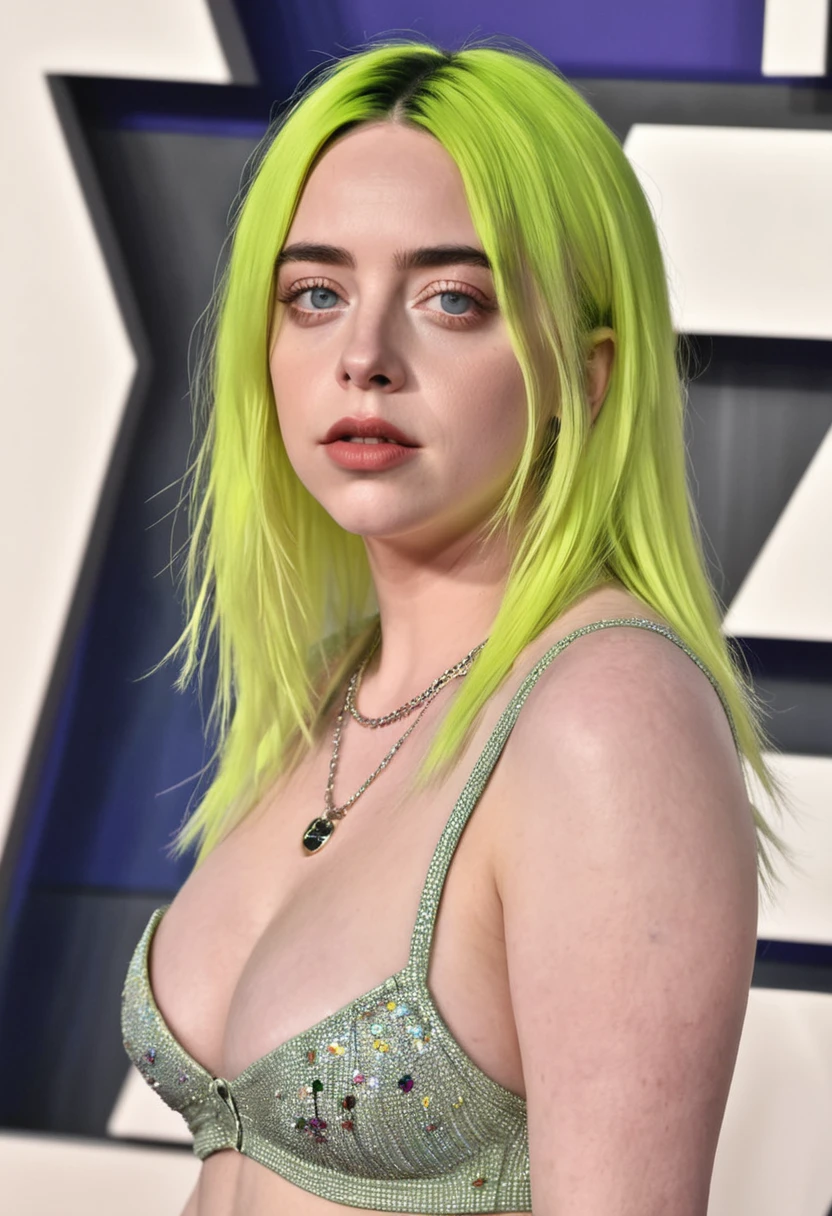 Do Billie Eilish with hair like a busty nineties woman wearing a tight bra 