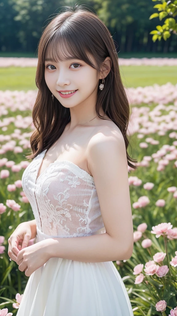 Highest quality, masterpiece, Ultra-high resolution (Realistic: 1.4), RAW Photos, 1 Girl, White Dress, Bare shoulders, A field full of pink flowers, Glowing Skin, smile