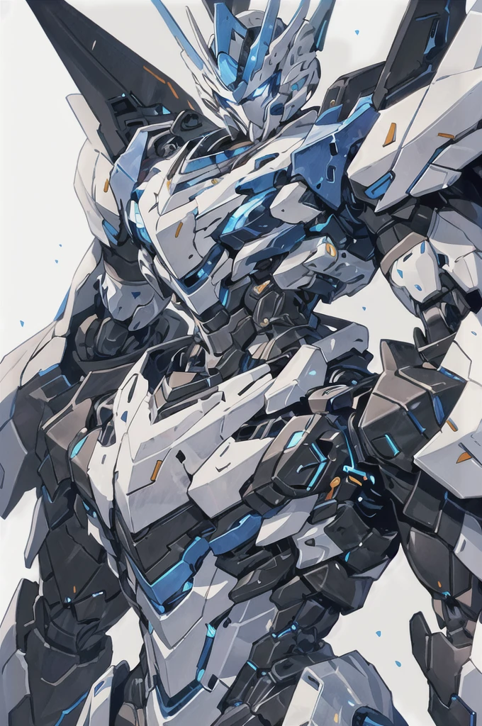 [(WHITE BACKGROUND:1.5)], nijimecha,Blue mech standing,mech with heavy armor,thick limbs,energy core,power armor,full armor,best quality,masterpiece,no human being,v-fin,bule theme,(upper body)