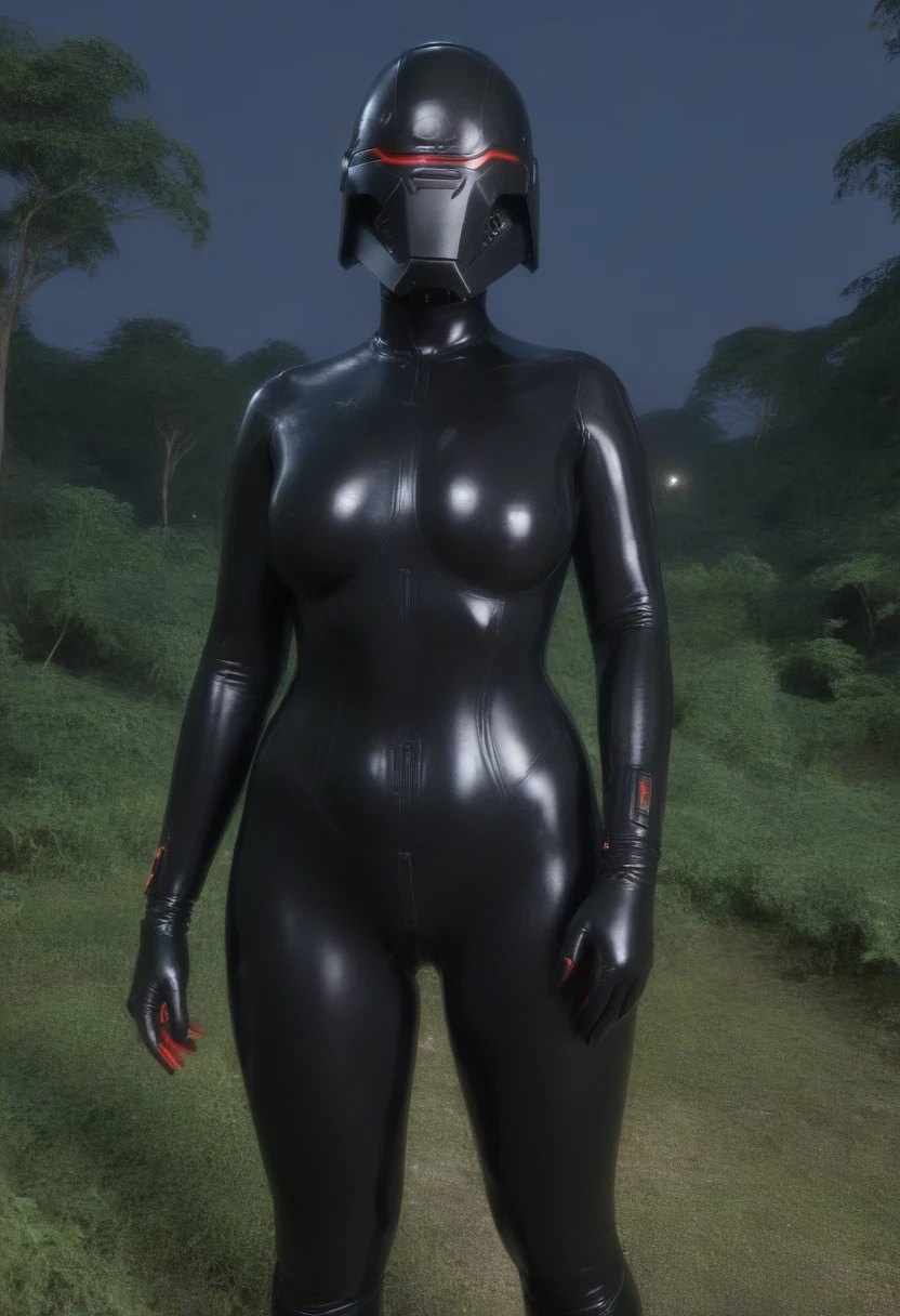 zPDXL, source_anime, BREAK Trilla, helmet with red translucent visor, , armor,black gloves,tight silver black bodysuit,,black pants, BREAK close-up, solo, standing, front view, medium breasts, , wide hips, BREAK x3dce, 3d, jungle background, dense vegetation, rain, night, night sky,
