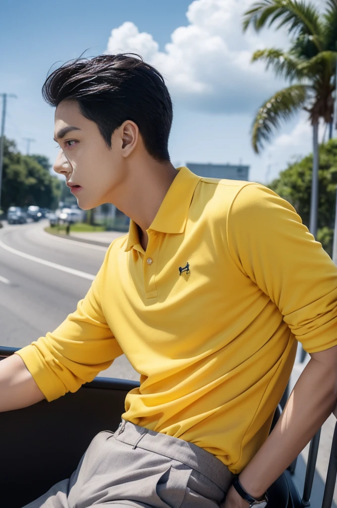 A young man in a yellow polo shirt stood on the side of the road with a serious expression., looking into the distance Turn your head slightly.,Cloudy day, coffee shop