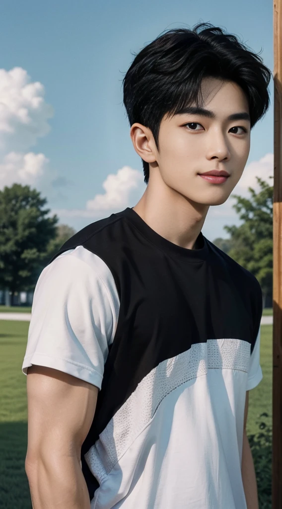 (As a matter of fact, Masterpiece, 8k HD, good light quality, sportswear, fit the face, complicated details), A handsome, muscular young Korean man. , 20 years old, be happy, smile brightly, detailed face, delicate eyes, มองดูsky, Wear a tight black t-shirt.:1.6, period, black eyes, Black hair color, ผมsmooth, smooth, outdoor sports, Along the garden, Sunny,sky，Surreal，Awesome details，Highest quality，real，Open your mouth to talk.