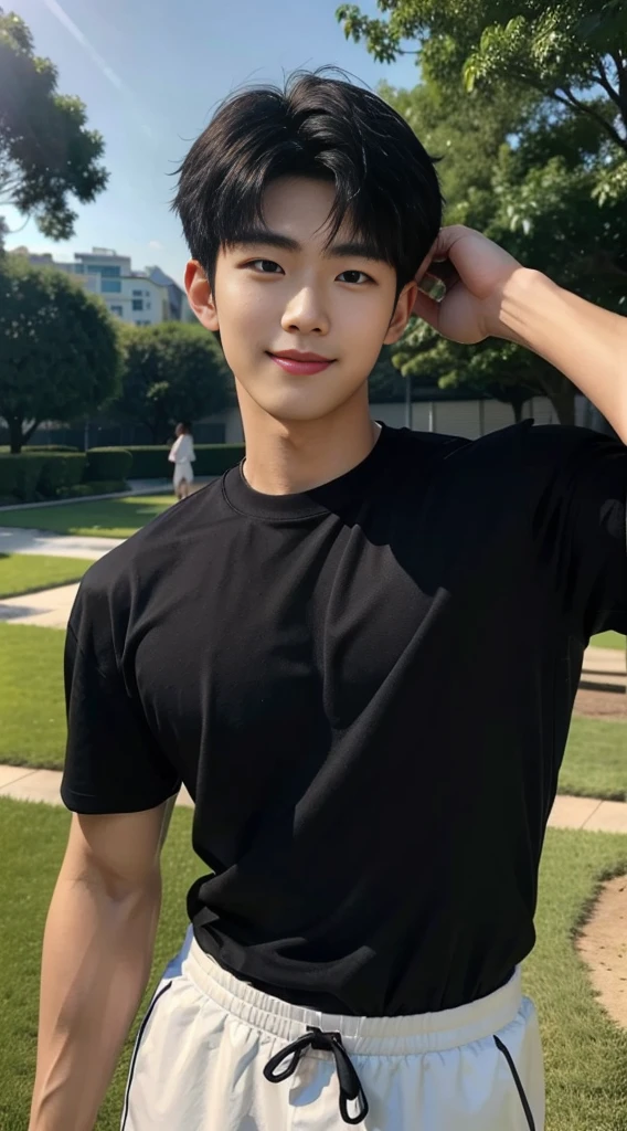 (As a matter of fact, Masterpiece, 8k HD, good light quality, sportswear, fit the face, complicated details), A handsome, muscular young Korean man. , 20 years old, be happy, smile brightly, detailed face, delicate eyes, มองดูsky, Wear a tight black t-shirt.:1.6, period, black eyes, Black hair color, ผมsmooth, smooth, outdoor sports, Along the garden, Sunny,sky，Surreal，Awesome details，Highest quality，real，Open your mouth to talk.