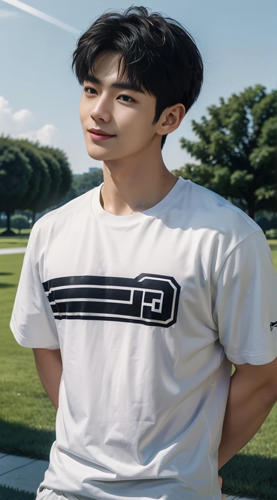 (As a matter of fact, Masterpiece, 8k HD, good light quality, sportswear, fit the face, complicated details), A handsome, muscular young Korean man. , 20 years old, be happy, smile brightly, detailed face, delicate eyes, มองดูsky, Wear a tight black t-shirt.:1.6, period, black eyes, Black hair color, ผมsmooth, smooth, outdoor sports, Along the garden, Sunny,sky,Surreal,Awesome details,Highest quality,real,Open your mouth to talk.